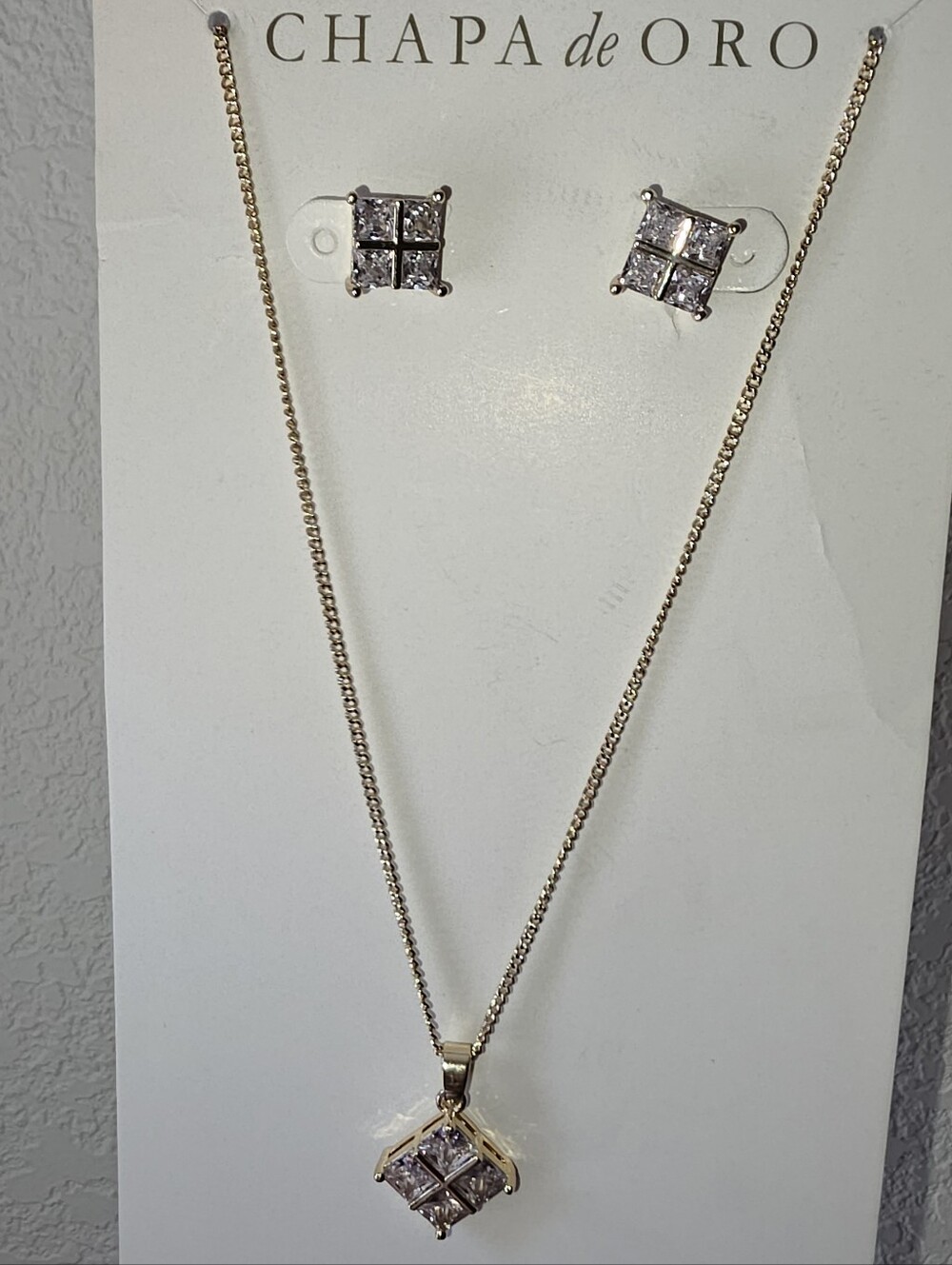 Chapa De Oro Gold Tone Necklace and Stud Earrings Set with Clear Stones